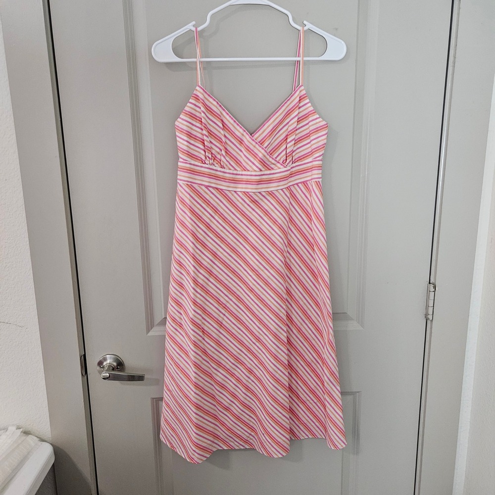 J.Crew Pink Orange Striped Cotton Silk Sundress Size 4 V-Neck Midi